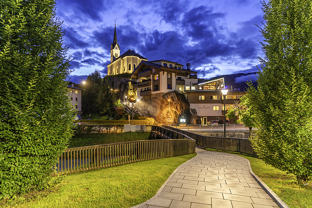 View of church in Kaprun at dusk during summer, Kaprun, Zell am See, Salzburg, Austria, Europe