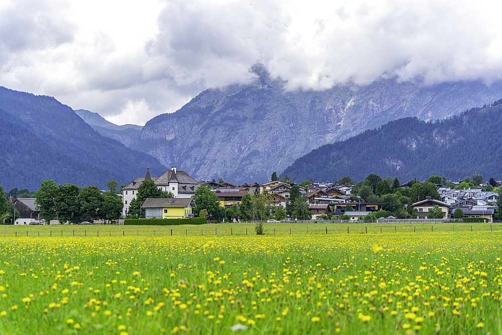 View of landscape near Saalfelden on a sunny day, Zell am See, Salzburg, Austria, Europe