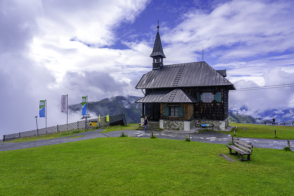 View of Elisabethkapelle chapel at Schmittenhöhebahn top station 2000m on a sunny day, Zell am See, Salzburg, Austria, Europe