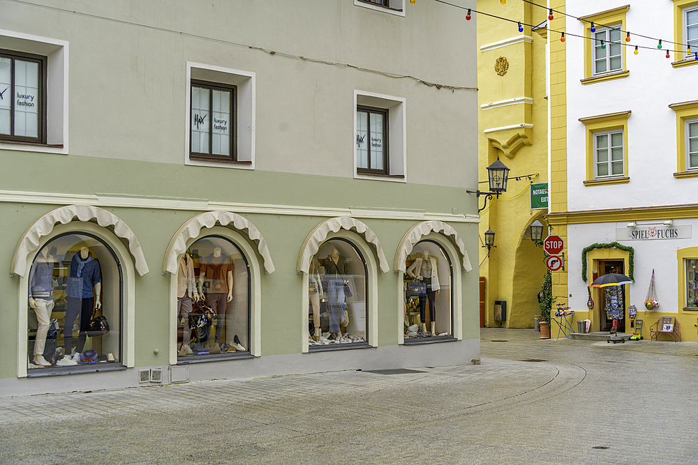 View of shop windows in the old town during summer, Kitzbuhel, Austrian Tyrol, Austria, Europe