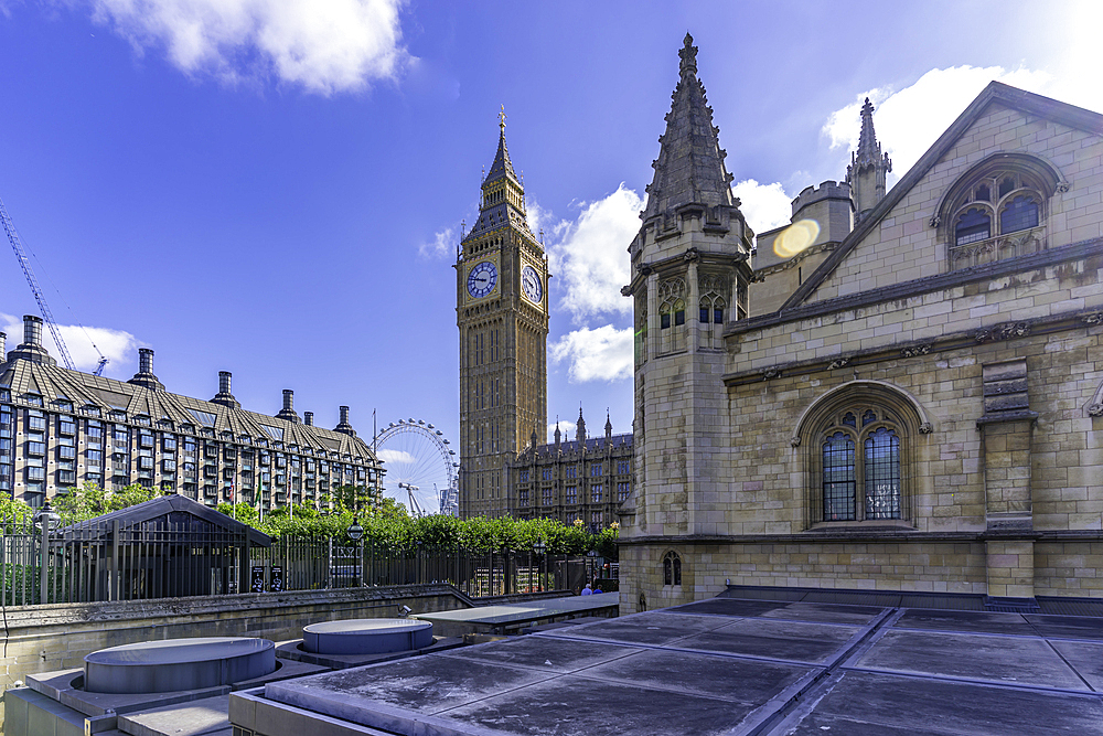 View of Big Ben clock tower in Parliament Square during summer, Westminster, London, England, United Kingdom, Europe