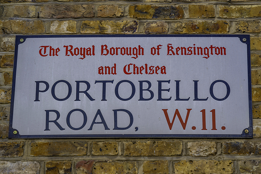 View of Portobello Road sign during summer, Kensington, London, England, United Kingdom, Europe