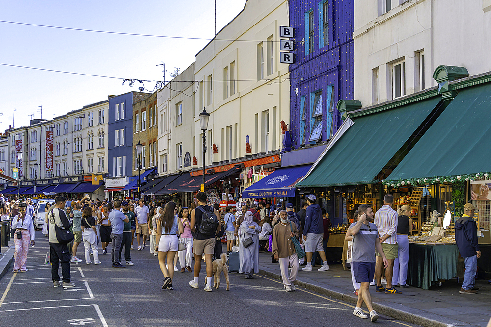 View of shops in Portobello Road during summer, Kensington, London, England, United Kingdom, Europe