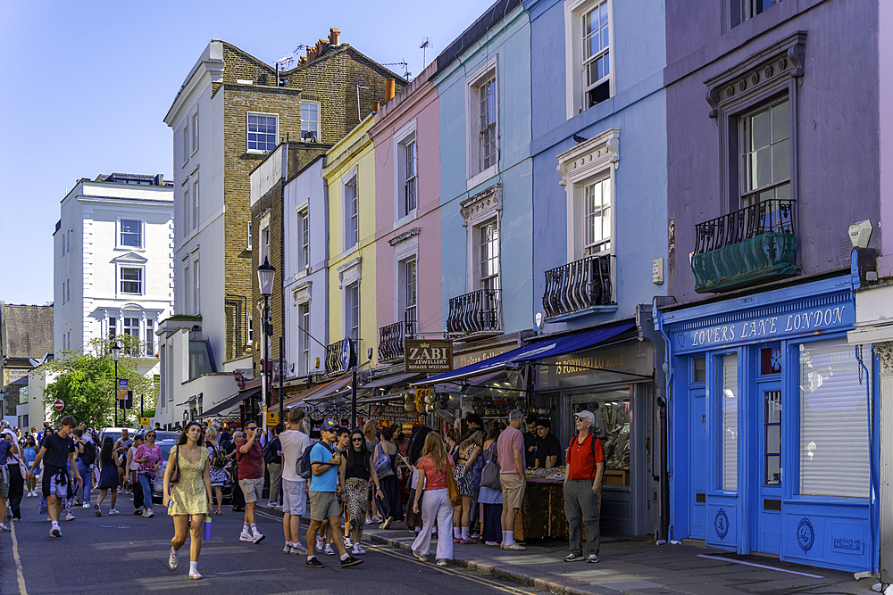 View of shops in Portobello Road during summer, Kensington, London, England, United Kingdom, Europe