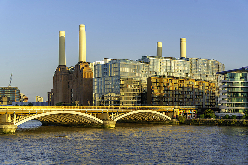 View of Battersea Power Station and river Thames during summer, Nine Elms, London, England, United Kingdom, Europe