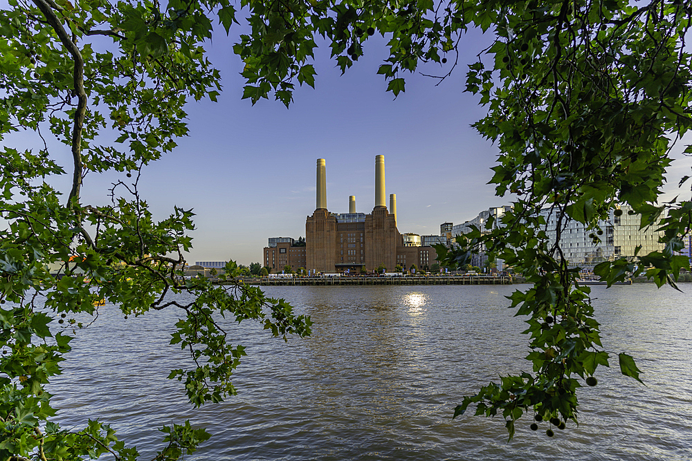 View of Battersea Power Station and river Thames during summer, Nine Elms, London, England, United Kingdom, Europe