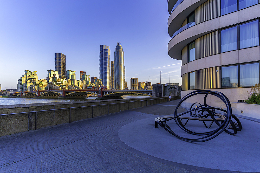 View of high rised apartments and river Thames during summer, Nine Elms, London, England, United Kingdom, Europe