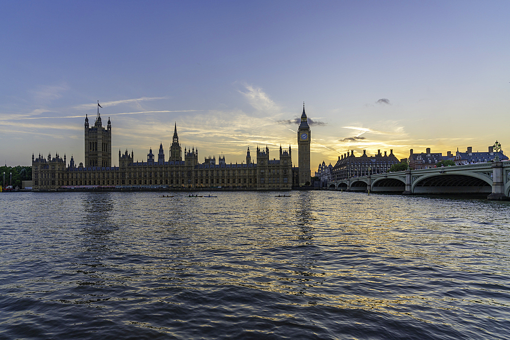 View of Houses of Parliament and river Thames at sunset during summer, Westminster, London, England, United Kingdom, Europe