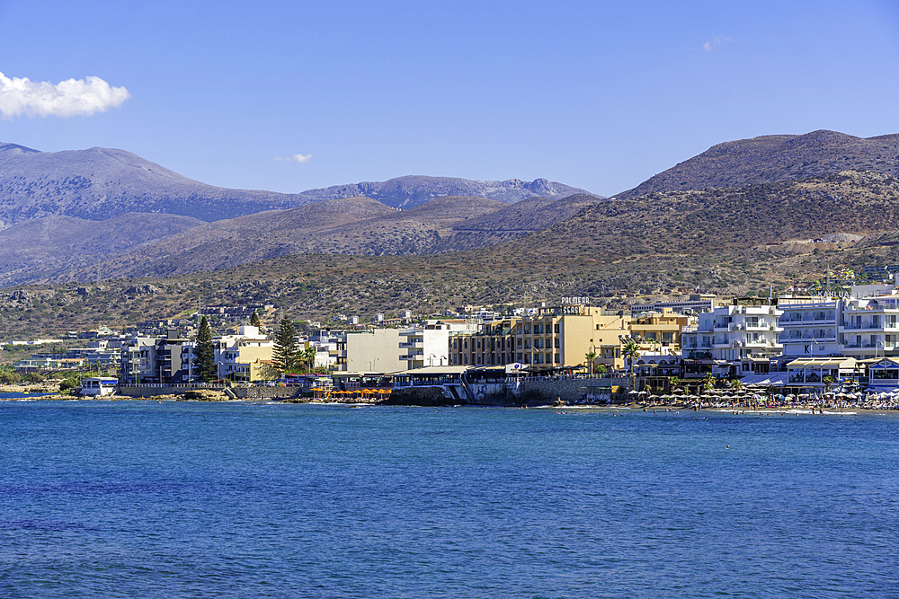 View of coastline and hotels in Limenas Chersonisou, Crete, Greek Islands, Greece, Europe