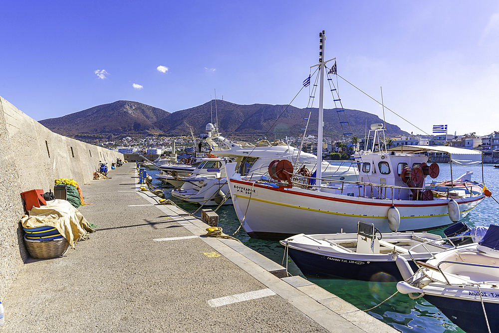 View of boats in Port of Hersonissos, Limenas Chersonisou, Crete, Greek Islands, Greece, Europe