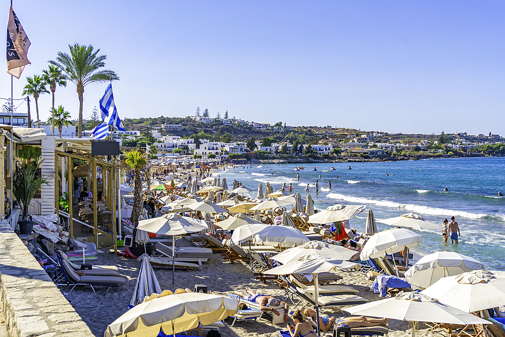 View of Akti Navarchou Nearchou Beach in Limenas Chersonisou, Crete, Greek Islands, Greece, Europe