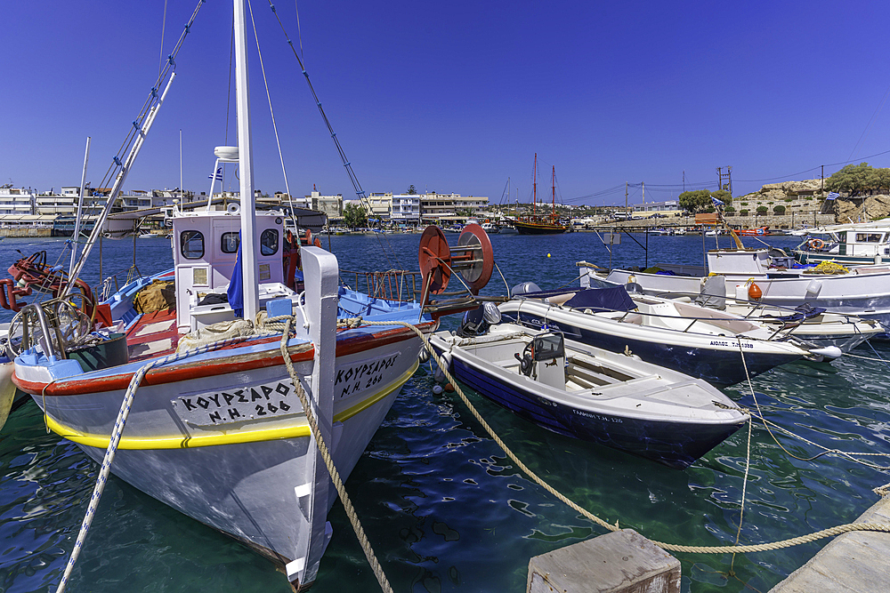 View of boats in Limenas Chersonisou Port, Limenas Chersonisou, Crete, Greek Islands, Greece, Europe