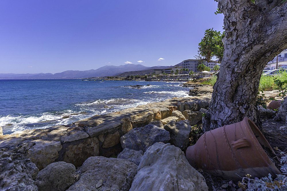 View of rocky coastline, Limenas Chersonisou, Crete, Greek Islands, Greece, Europe