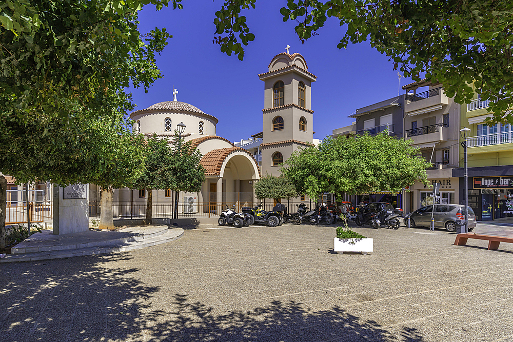 View of church in Church Square, Limenas Chersonisou, Crete, Greek Islands, Greece, Europe