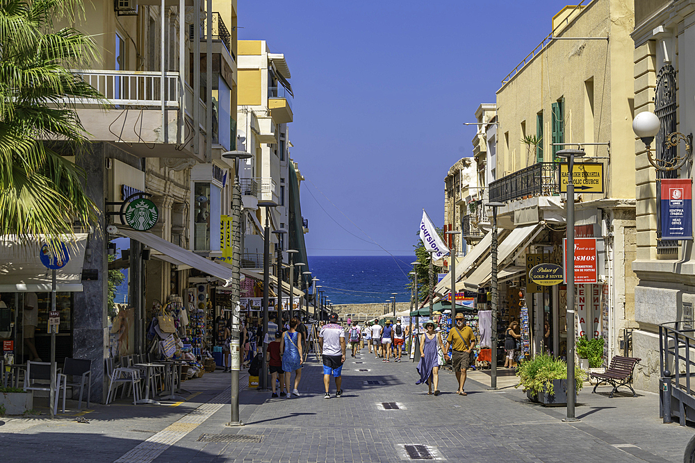 View of street leading to port on a sunny day, City of Heraklion, Crete, Greek Islands, Geece, Europe
