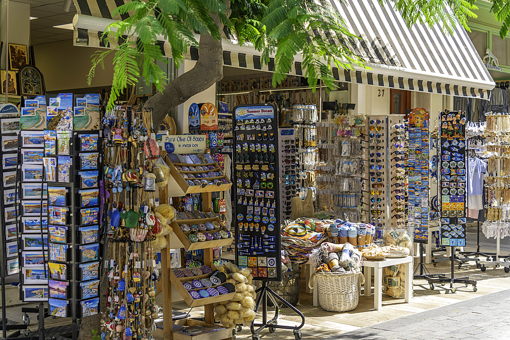 View of souvenir shop in city centre on a sunny day, City of Heraklion, Crete, Greek Islands, Geece, Europe