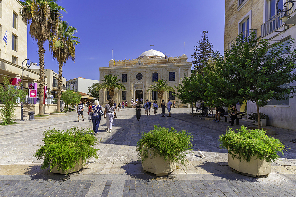 View of Cathedral Holy Temple of Saint Titus on a sunny day, City of Heraklion, Crete, Greek Islands, Geece, Europe