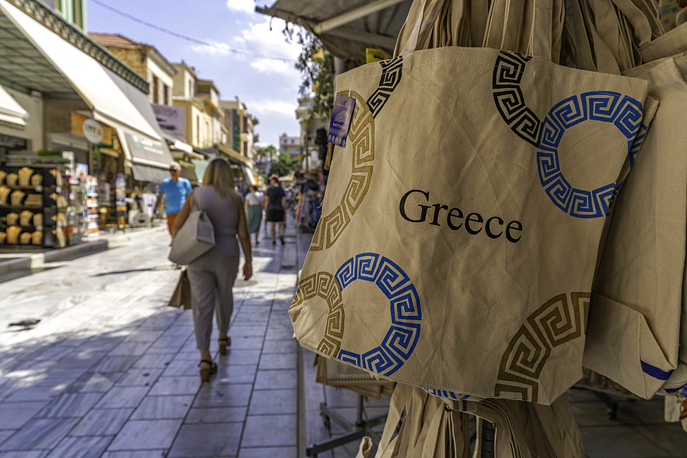 View of stalls at Herakleion Central Market on a sunny day, City of Heraklion, Crete, Greek Islands, Geece, Europe