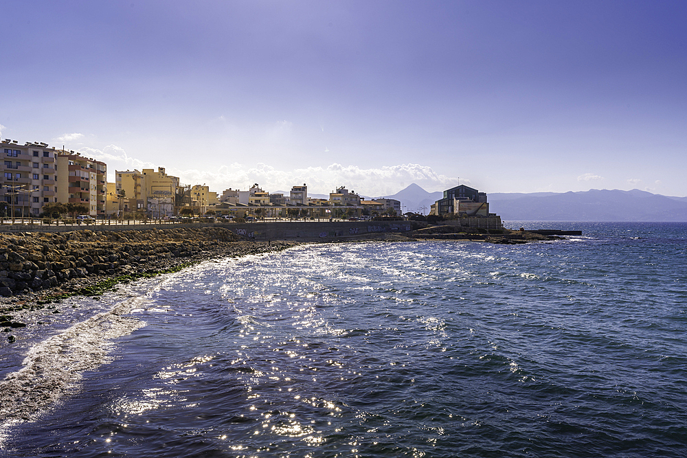 View of Natural History Museum of Crete and coastline on a sunny day, City of Heraklion, Crete, Greek Islands, Geece, Europe