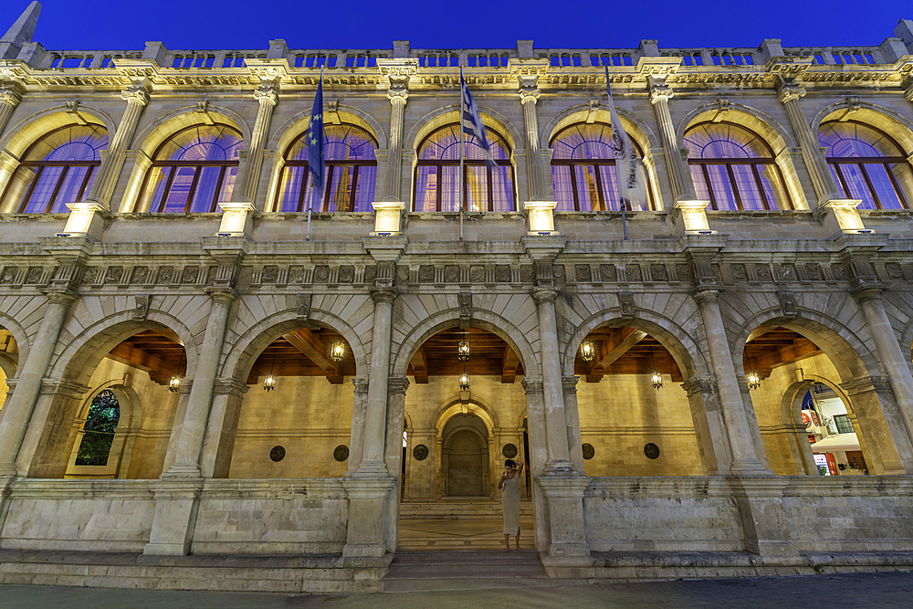 View of Venetian Loggia at dusk, City of Heraklion, Crete, Greek Islands, Geece, Europe