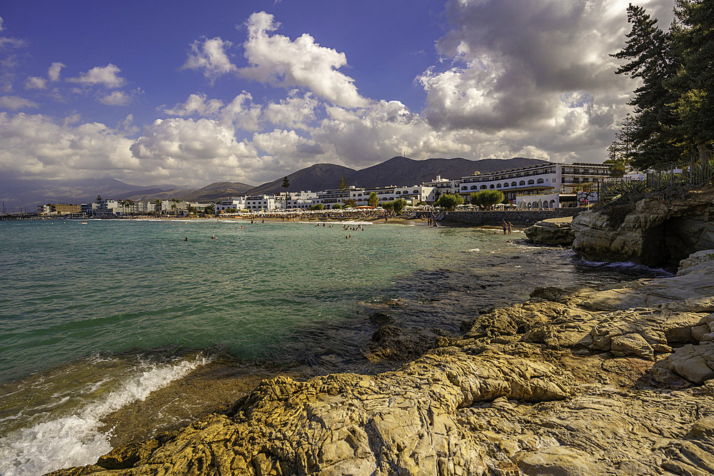 View of Akti Navarchou Nearchou Beach in Limenas Chersonisou, Crete, Greek Islands, Greece, Europe