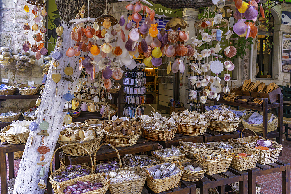 View of souvenir shop in Limenas Chersonisou, Crete, Greek Islands, Greece, Europe