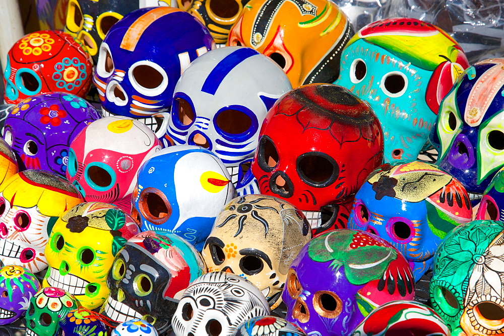 Painted skull souvenirs on market stall, Bucerias, Nuevo Vallarta, Nayarit, Mexico, North America