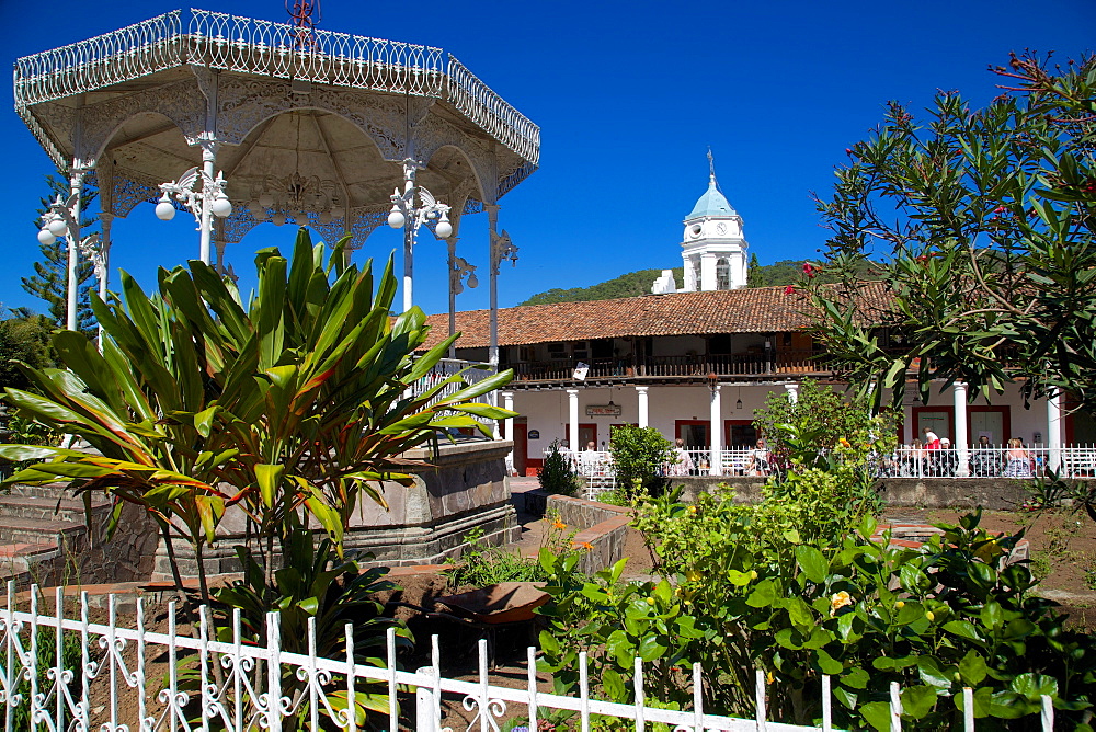 Bandstand and Church Belltower, San Sebastian del Oeste (San Sebastian), Jalisco, Mexico, North America