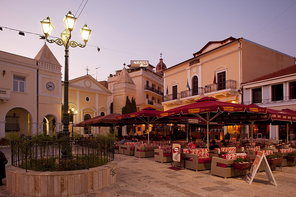 Restaurants at dusk, St. Markos Square, Zakynthos Town, Zakynthos, Ionian Islands, Greek Islands, Greece, Europe