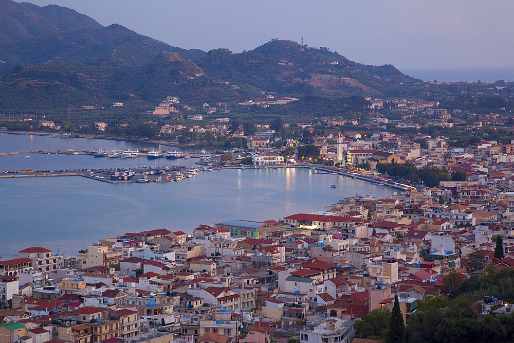 View of town from Strani Hill at dusk, Zakynthos Town, Zakynthos, Ionian Islands, Greek Islands, Greece, Europe