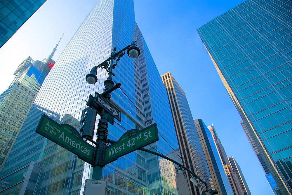 Avenue of the Americas and West 42nd Street signs, New York, United States of America, North America