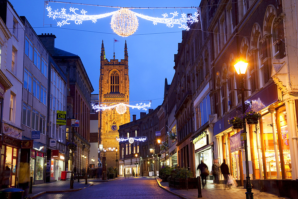Christmas lights and Cathedral at dusk, Derby, Derbyshire, England, United Kingdom, Europe