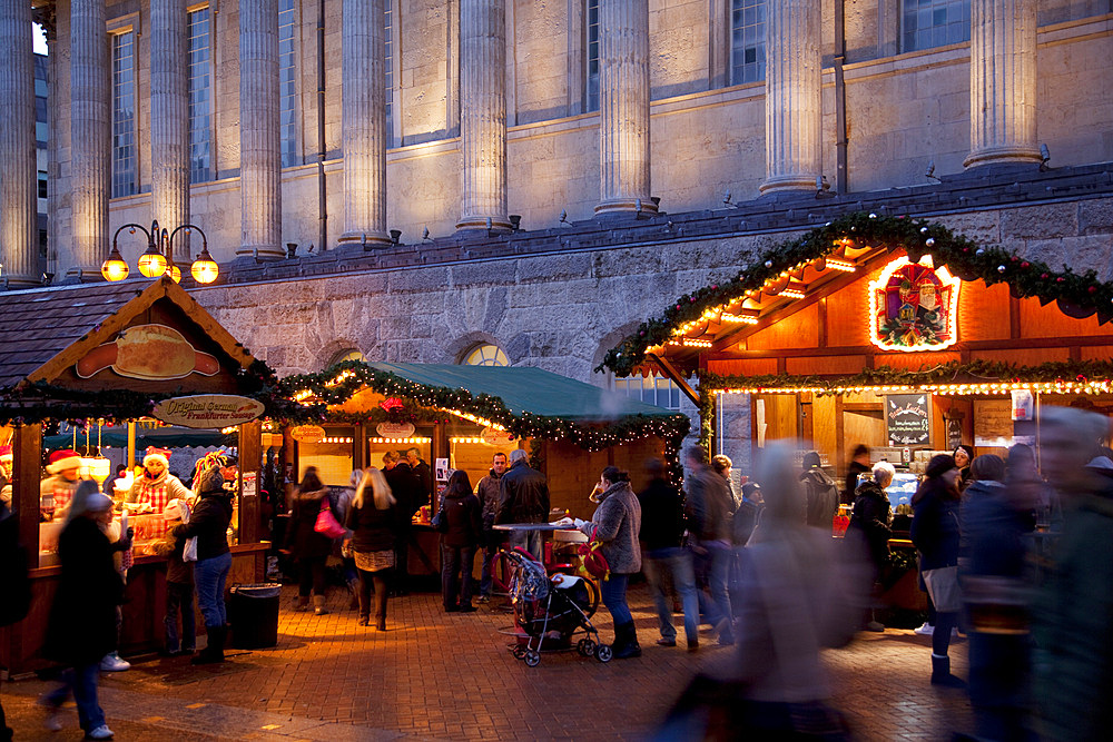 Christmas Market stalls and Town Hall, City Centre, Birmingham, West Midlands, England, United Kingdom, Europe