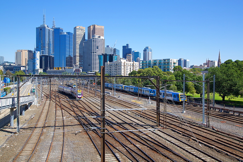 Train lines and city skyline, Melbourne, Victoria, Australia, Pacific