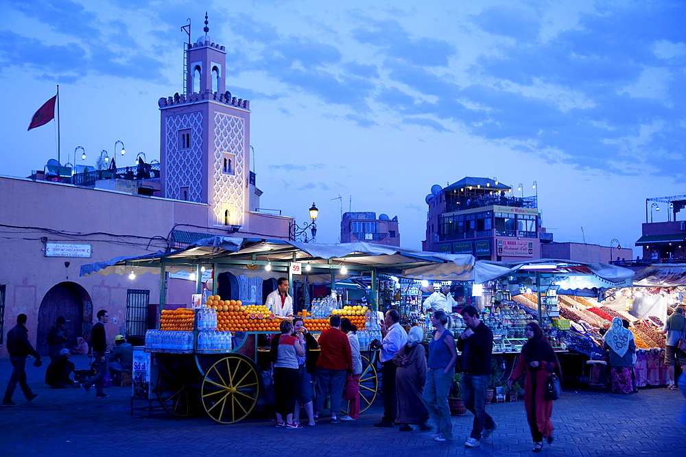 Market stalls at dusk, Place Jemaa El Fna, Marrakesh, Morocco, North Africa, Africa