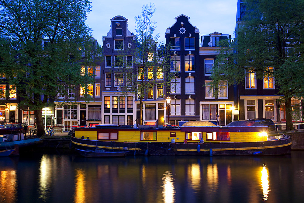 Canal boat and architecture, Amsterdam, Holland, Europe