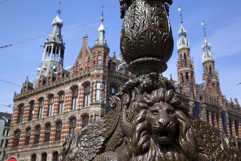 Magna Plaza and ornate lamp post, Amsterdam, Holland, Europe