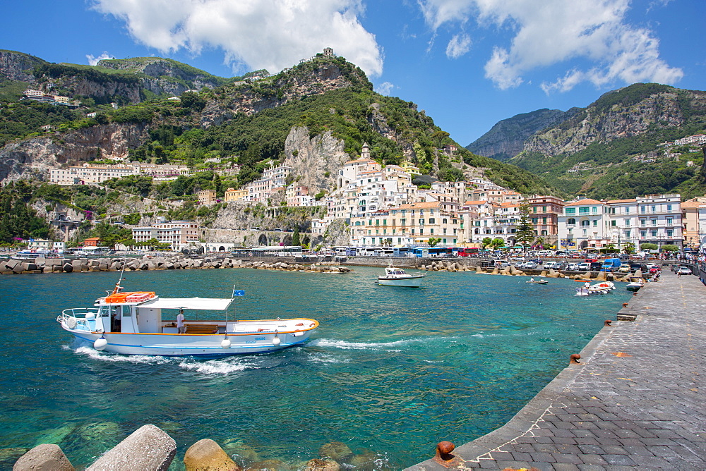 Amalfi from Harbour, Amalfi, Costiera Amalfitana (Amalfi Coast), UNESCO World Heritage Site, Campania, Italy, Europe