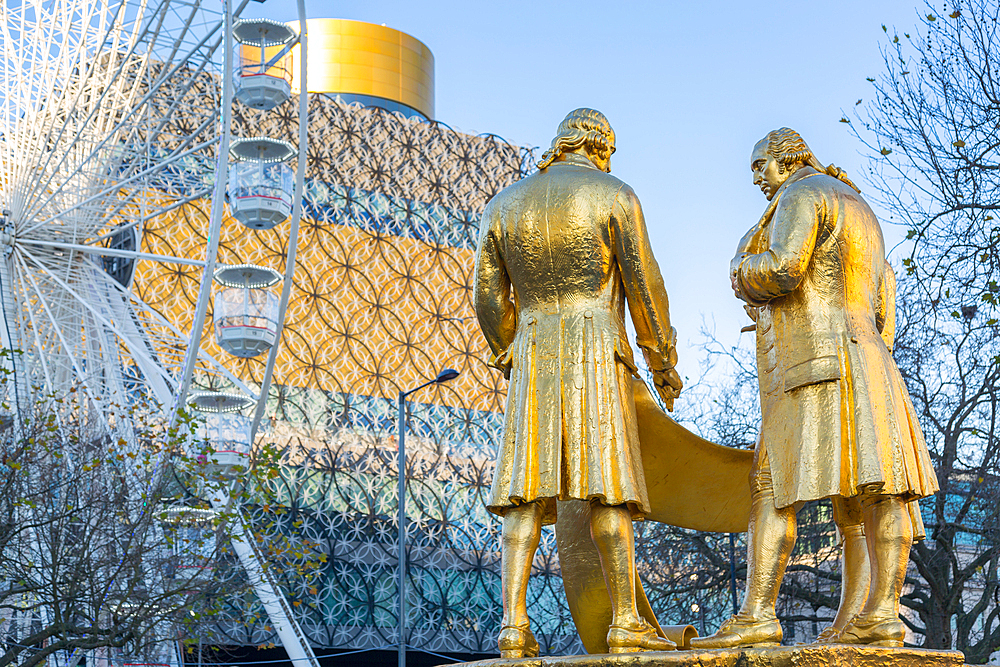 Boulton, Murdoch and Watt statue and Public Library Birmingham, West Midlands, England, United Kingdom, Europe