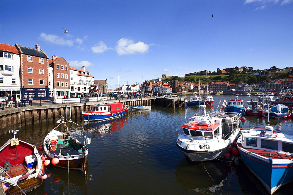 Boats in Whitby Upper Harbour in summer, Whitby, Yorkshire, England, United Kingdom, Europe