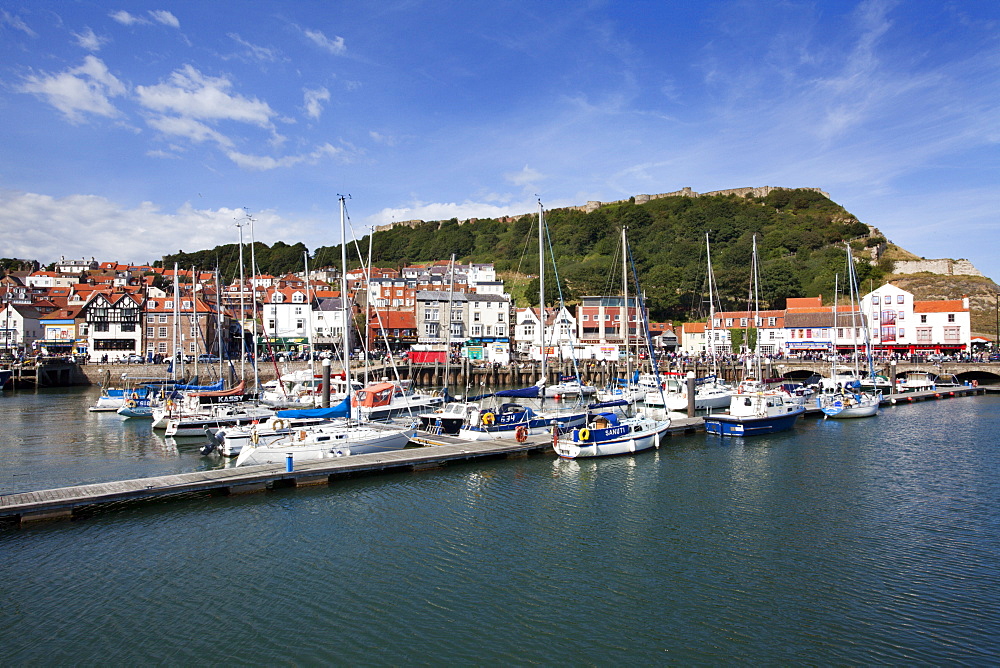 Yachts moored in the Old Harbour below Castle Hill, Scarborough, Yorkshire, England, United Kingdom, Europe