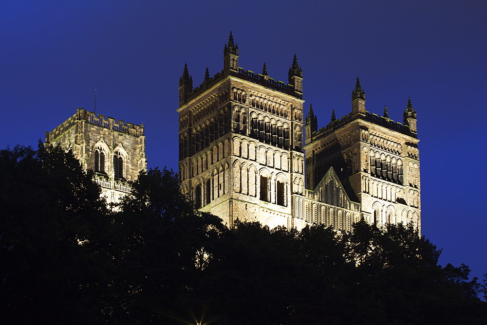 Durham Cathedral floodlit at dusk, UNESCO World Heritage Site, Durham, County Durham, England, United Kingdom, Europe