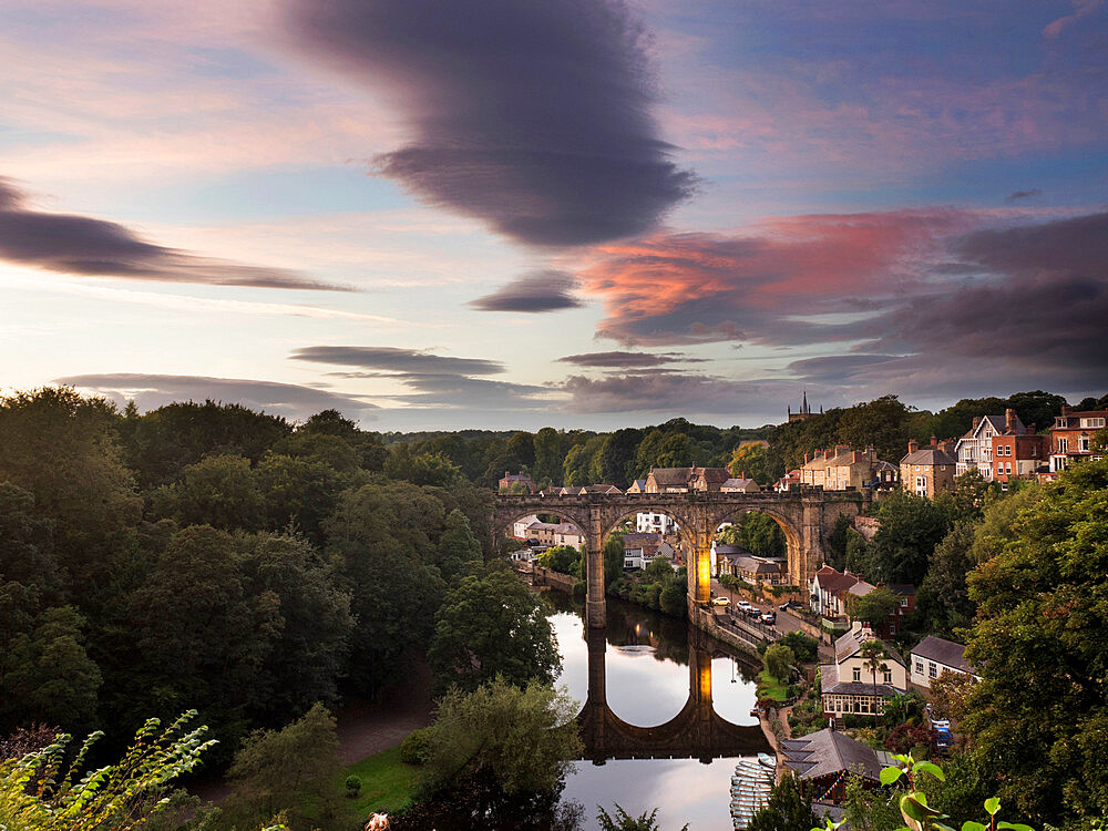 Knaresborough Viaduct at sunset, Knaresborough, Yorkshire, England, United Kingdom, Europe