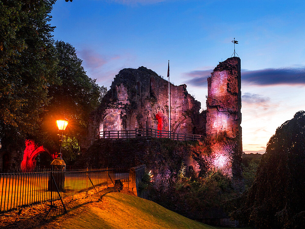 Knaresborough Castle floodlit at dusk, Knaresborough, Yorkshire, England, United Kingdom, Europe