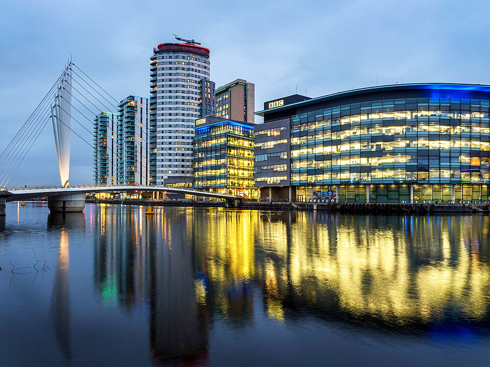 Media City UK at dusk, Salford, Manchester, England, United Kingdom, Europe