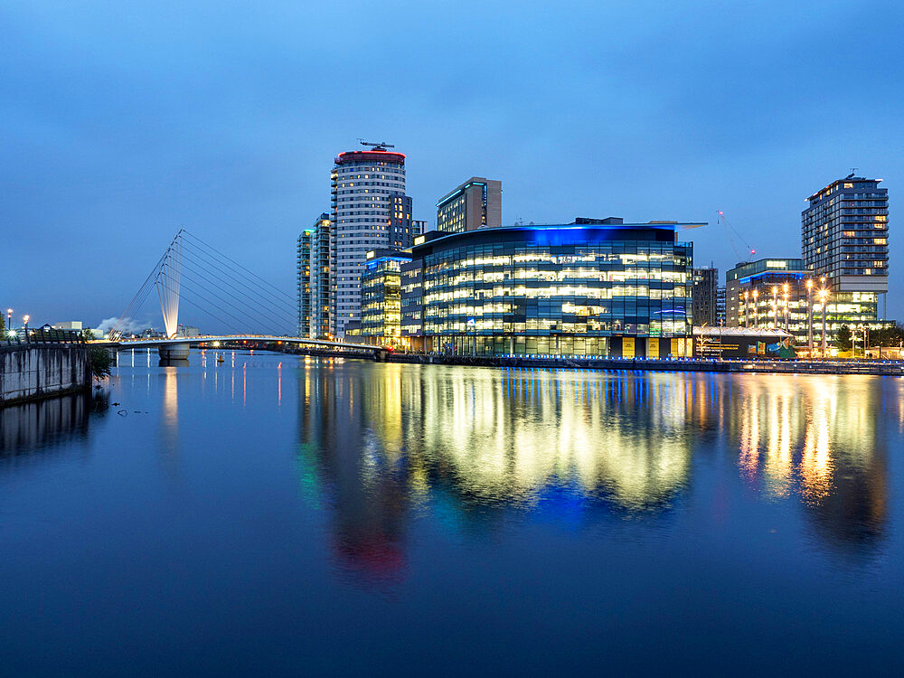 Media City UK at dusk, Salford, Manchester, England, United Kingdom, Europe