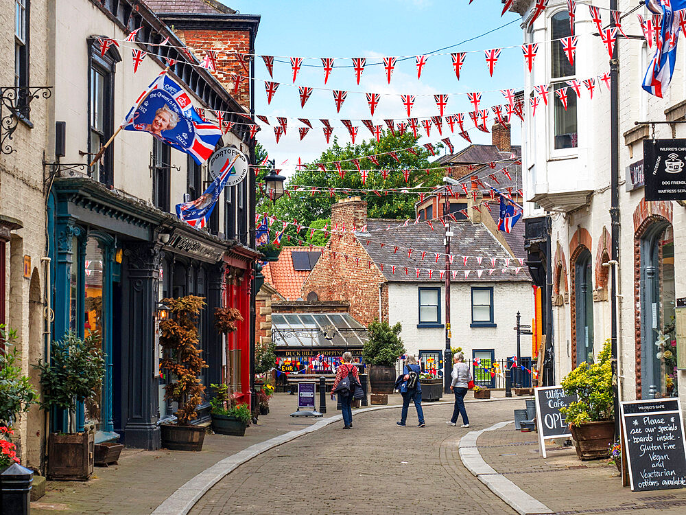 Jubilee decorations in Kirkgate, Ripon, Yorkshire, England, United Kingdom, Europe