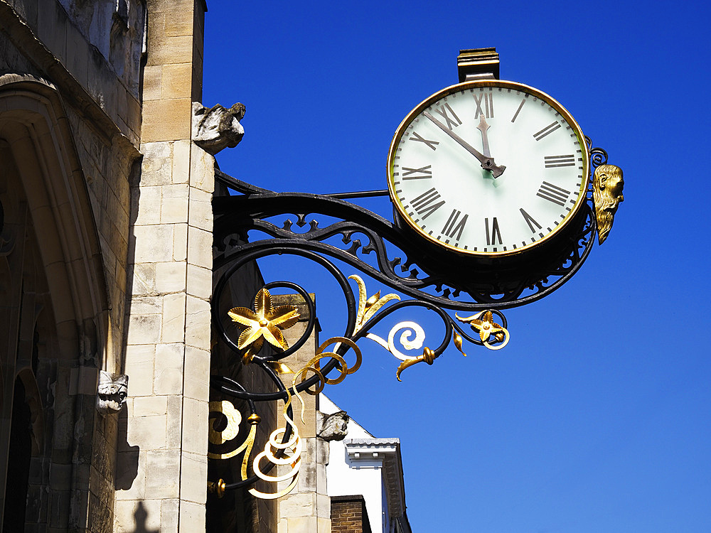 Clock at St. Martin le Grand Church on Coney Street, York, Yorkshire, England, United Kingdom, Europe