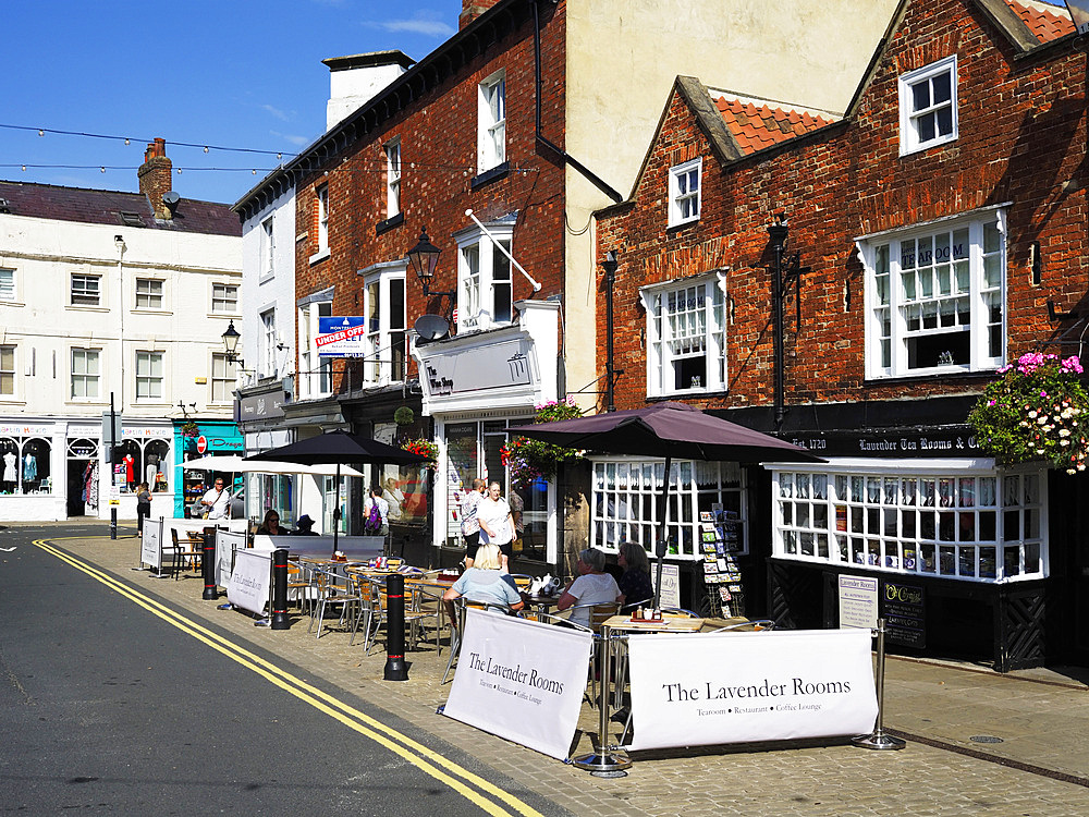 Lavender Tea Rooms and The Oldest Chemists Shop in England in the Market Place at Knaresborough, Knaresborough, Yorkshire, England, United Kingdom, Europe