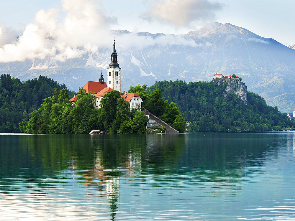 Bled Island from the Shore of Lake Bled on a summer evening, Slovenia, Europe